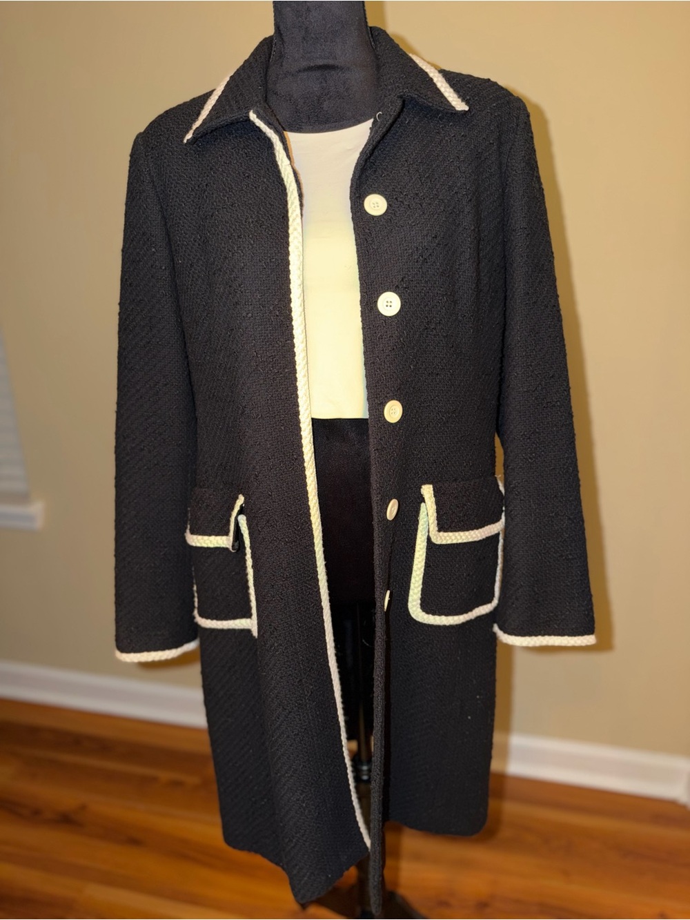 INC Vintage Inspired Black Long Coat | Cream Trim | Statement Overcoat